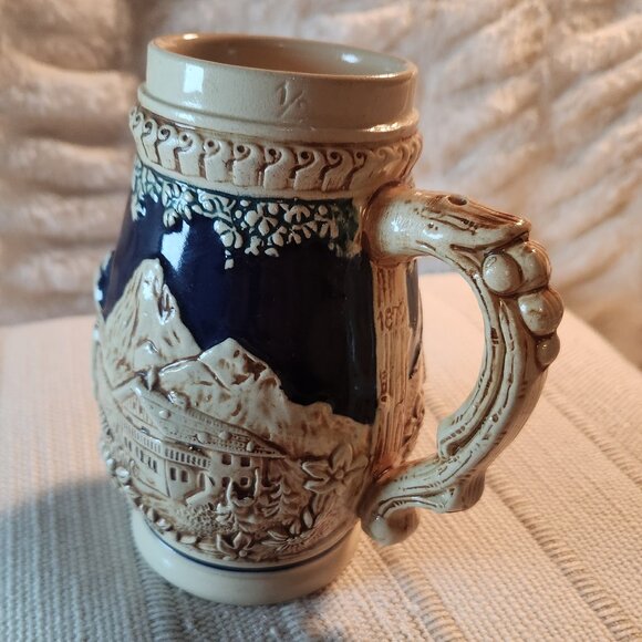 Vintage German Beer Stein with Alpine Lodge Relief – Ornate Handle & Swirl Rim - Picture 5 of 8